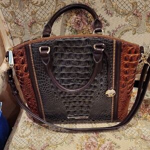 Croc-Embossed Two-Tone Satchel Bag - Brown & Black